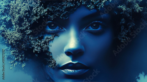 Close-up portrait of a woman with blue eyes and a blue-toned makeup look.