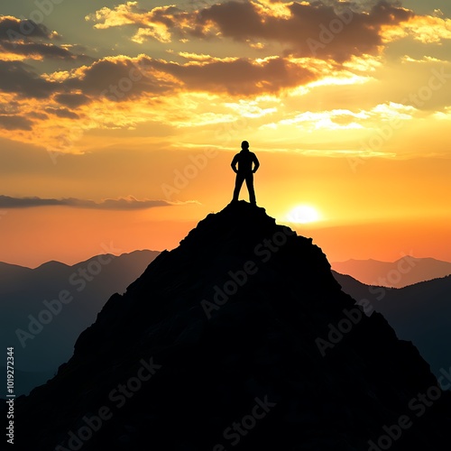 A silhouette of a person standing on a mountain peak during a vibrant sunset.