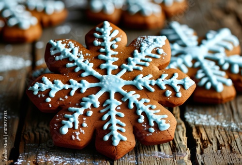 Plätzchen, Kekse, Lebkuchen in Form von Schneeflocken, dekoriert mit weißem Zuckerguss, Holzhintergrund. Ideal für Weihnachtsstimmung und winterliche Backideen. Generative KI