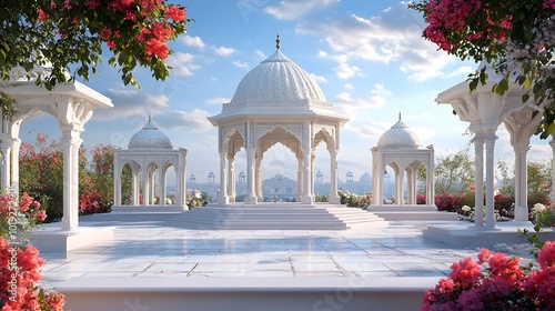 Peaceful Mughal Garden Landscape with Blooming Flowers and Ornate Architecture
