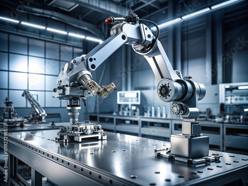 A futuristic robotic arm repetitively assembles intricate mechanical parts on a sleek, silver workbench, symbolizing innovation and refinement through iterative design processes.