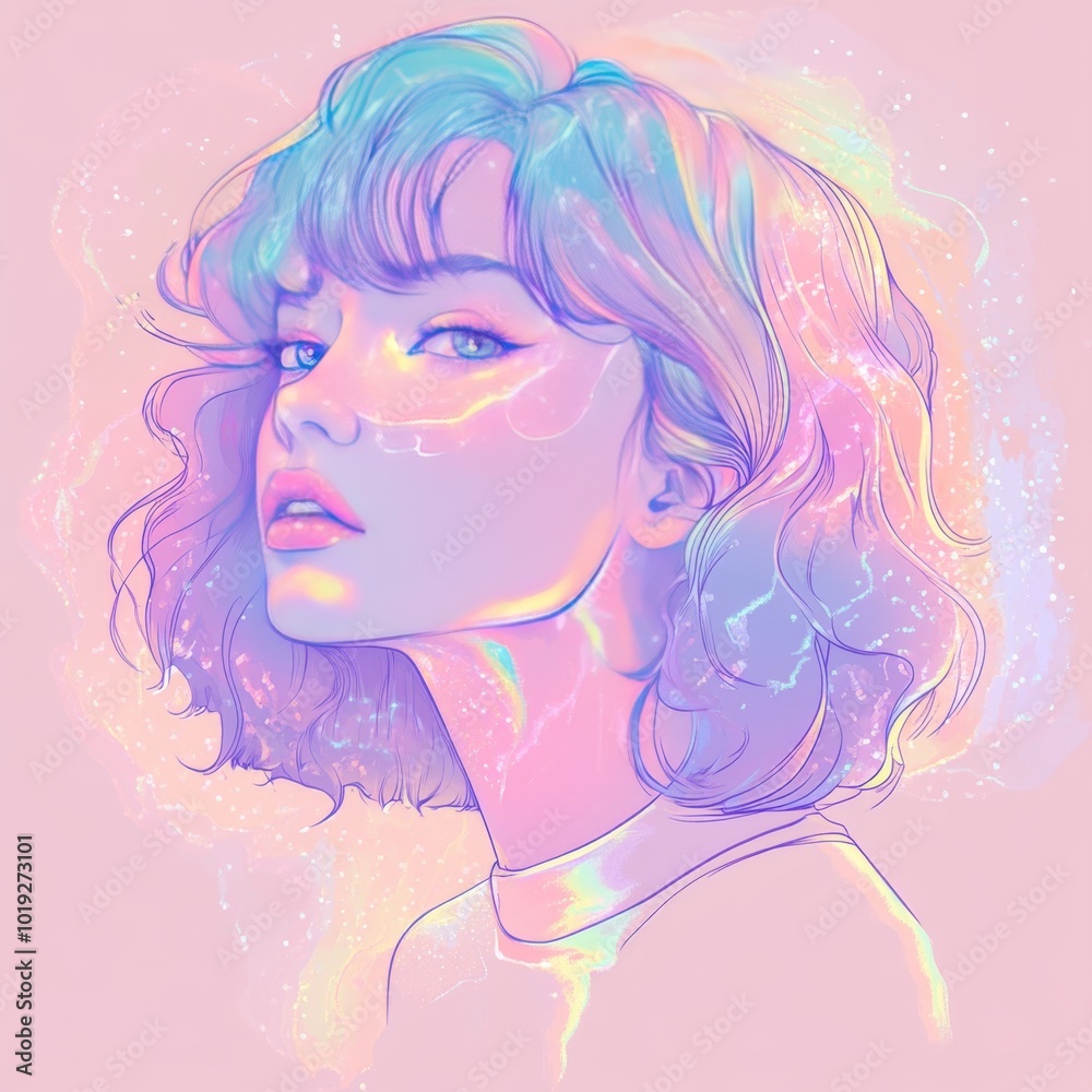 A digital illustration of a young woman with iridescent hair and skin, surrounded by a glowing aura of pastel colors. A digital illustration of a young woman with iridescent hair and skin, surrounded by a glowing aura of pastel colors.