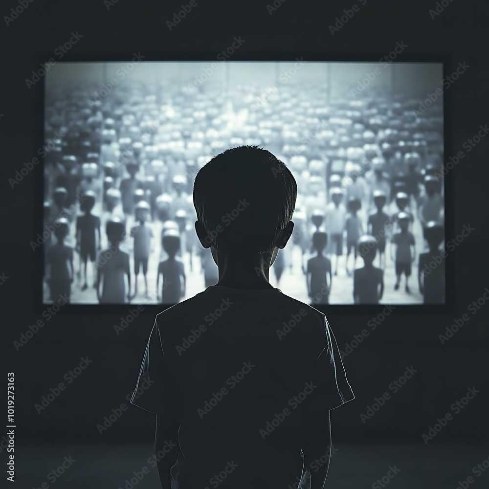 A child stands in front of a screen displaying a crowd of faceless figures, evoking themes of isolation and society.