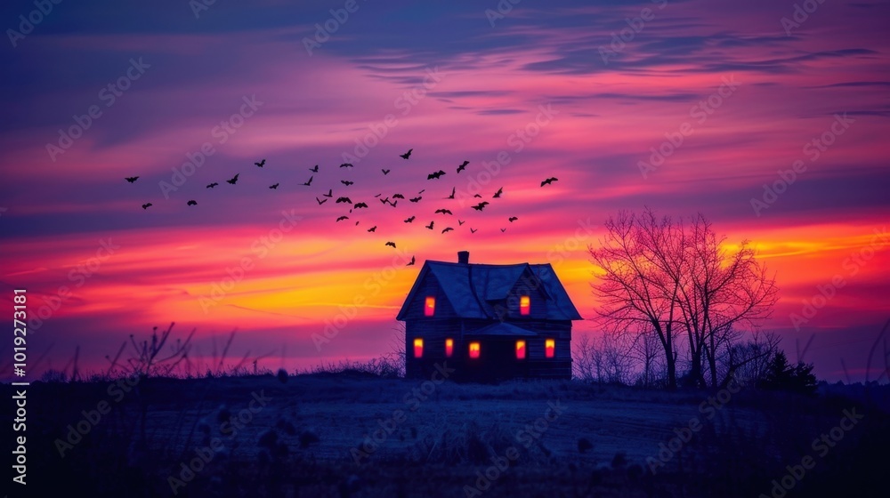 Vibrant Sunset with Silhouette of Abandoned House Vibrant Sunset with Silhouette of Abandoned House