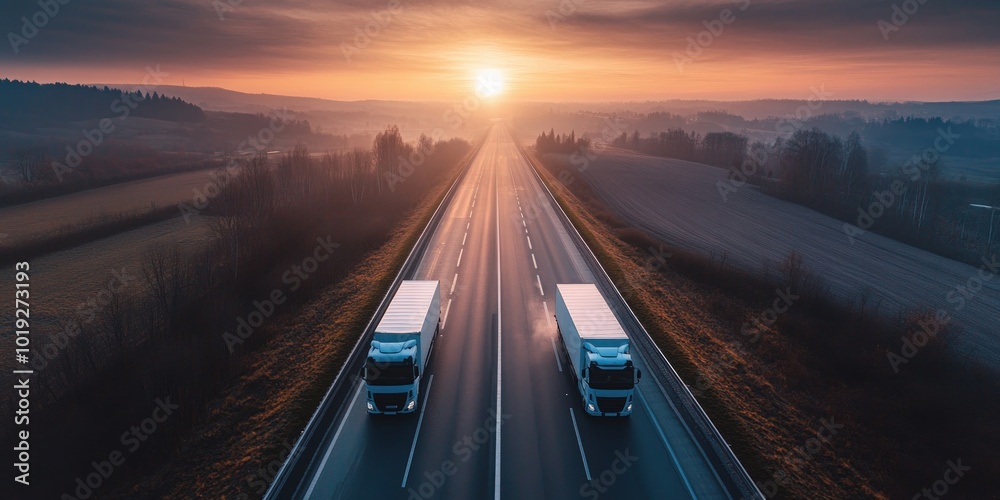 Obraz premium Two white semi-trucks driving on a highway during a colorful sunrise with fog.