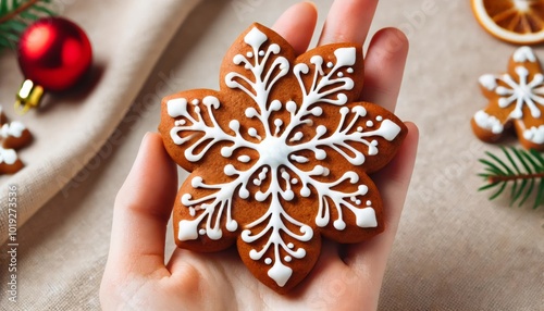 Plätzchen, Lebkuchen  in Form einer Schneeflocke mit weißem Zuckerguss in der Hand. Perfekt für Weihnachts- und Winterdekorationen. Geberative KI photo