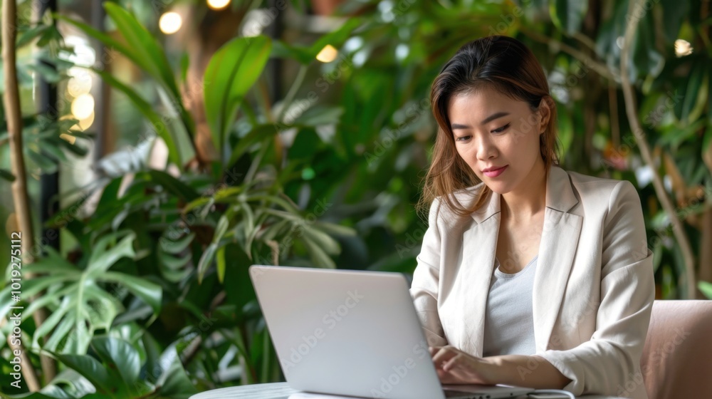 Woman Working on Laptop Surrounded by Greenery Woman Working on Laptop Surrounded by Greenery