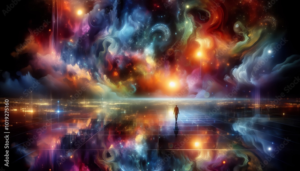 A lone silhouette against a backdrop of stars and galaxies. A lone silhouette against a backdrop of stars and galaxies.