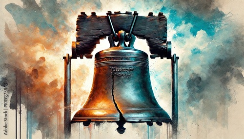 Liberty Bell For Patriot Day, Freedom Bell, Independence Day Illustration. Watercolor US Colors, Stars and Stripes Abstract Bell Design. Generative AI	