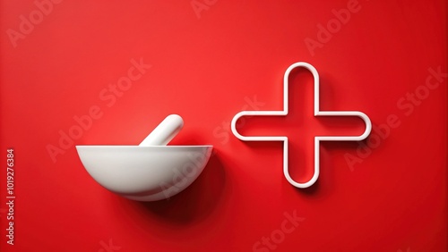 A minimalist white pharmacy icon stands in front of a bold red line, symbolizing healthcare services, medication, and endless support for patients.