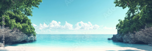 Secluded tropical beach with turquoise water and white sand.