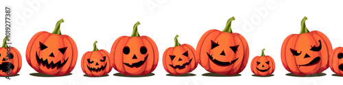 Horizontal seamless border with orange jack-o'-lanterns (Halloween pumpkins) on a white background. Vector illustration