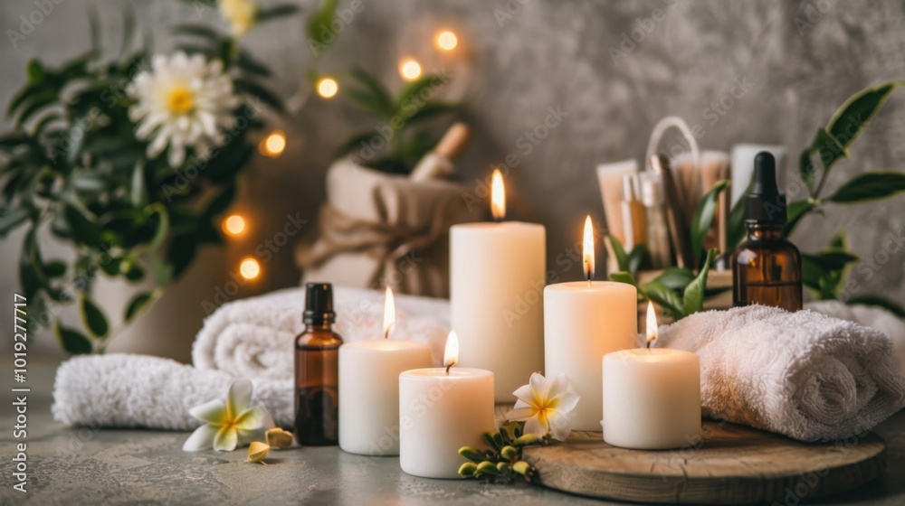 Relaxing Spa Setup with Candles and Natural Elements Relaxing Spa Setup with Candles and Natural Elements