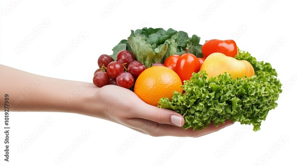 Hand presenting a balanced diet plan for a health education program on isolated pure white background showcasing the importance of nutrition in achieving fitness and wellness objectives Hand presenting a balanced diet plan for a health education program on isolated pure white background showcasing the importance of nutrition in achieving fitness and wellness objectives