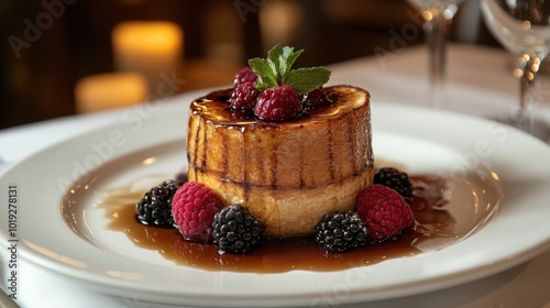 Delicious Dessert with Berries and Caramel Sauce