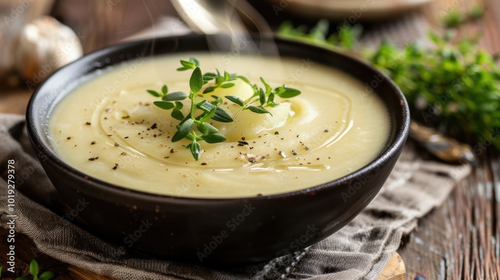 Creamy Soup with Fresh Herbs in Rustic Bowl
