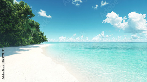 A beautiful white sandy beach with turquoise water and lush green trees in the background.