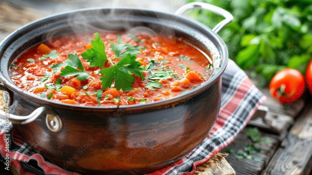 Fresh Tomato Soup with Herbs in Rustic Pot Fresh Tomato Soup with Herbs in Rustic Pot
