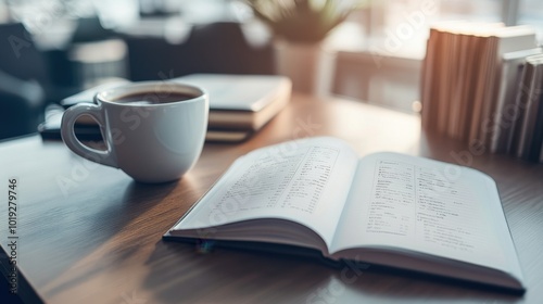 Cozy Coffee Moment with Open Book on Wooden Table