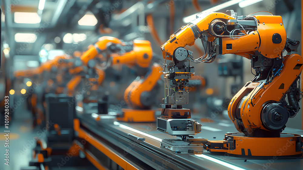 Futuristic factory with autonomous robots assembling products in an efficient line Futuristic factory with autonomous robots assembling products in an efficient line