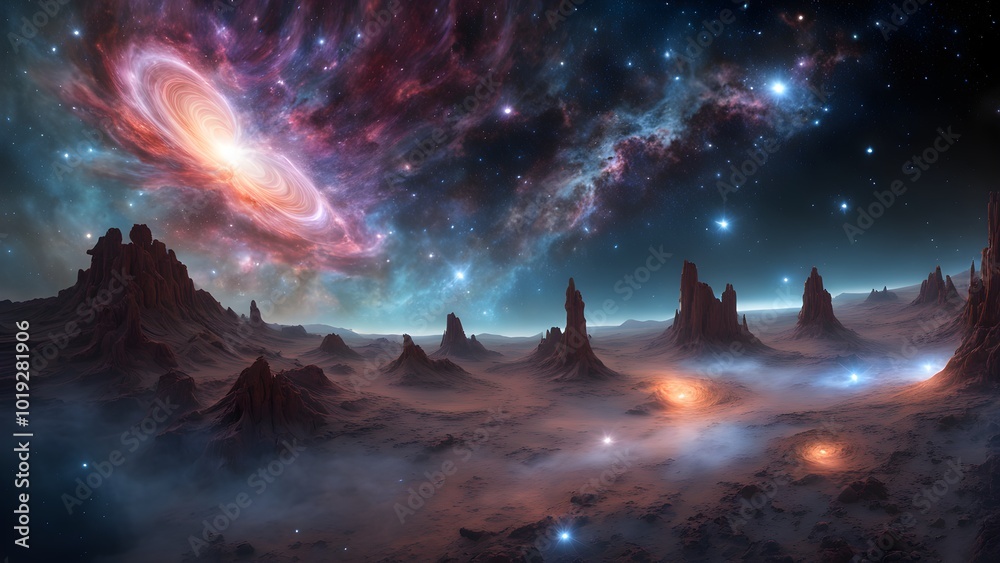 A stunning view of a distant planet with a vibrant nebula and rocky terrain. A stunning view of a distant planet with a vibrant nebula and rocky terrain.