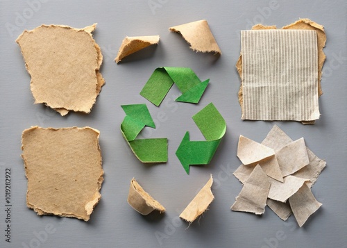 Assorted torn and ripped paper pieces, including a recycled paper craft stick, isolated on a clean gray background, symbolizing creativity and eco-friendliness. photo