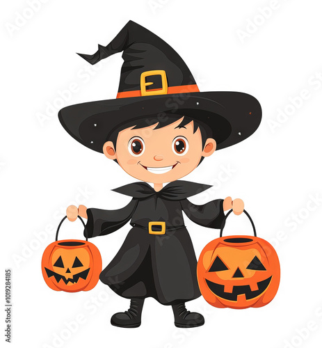 Cute Halloween Witch Child Illustration with Pumpkin Buckets on Transparent Background for Design Elements and Overlays
