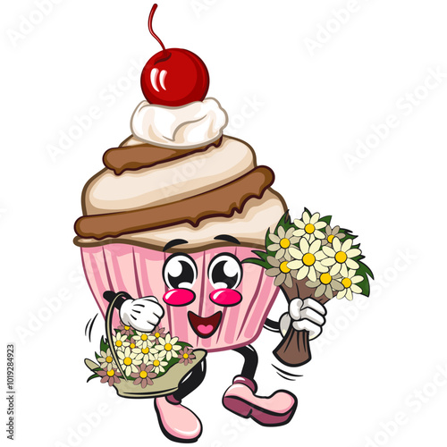 kawaii cartoon cupcake with cherry on top character mascot isolated vector illustration as florist with desy flowers, work of hand drawn photo