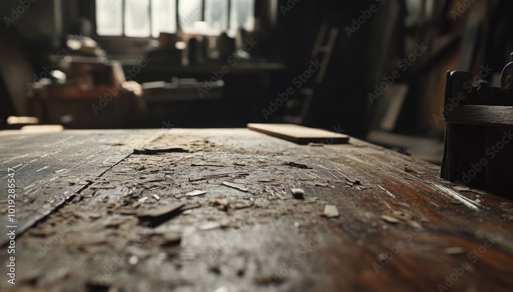 Close up of a workbench covered in sawdust, wood shavings, and tools in a woodworking workshop. Close up of a workbench covered in sawdust, wood shavings, and tools in a woodworking workshop.