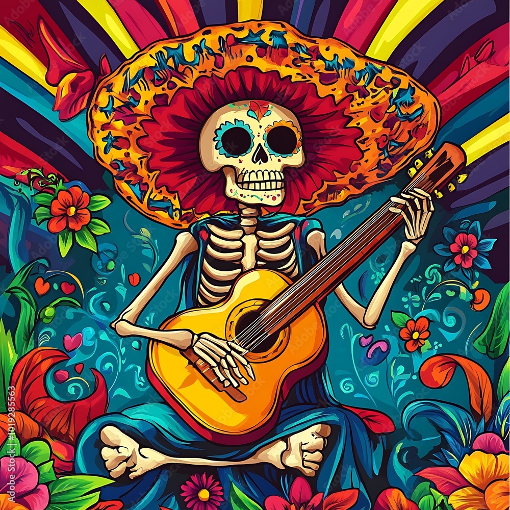 A colorful skeleton playing guitar surrounded by vibrant flowers, celebrating life and culture. A colorful skeleton playing guitar surrounded by vibrant flowers, celebrating life and culture.