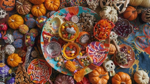 Colorful Halloween Treats and Decorations Spread