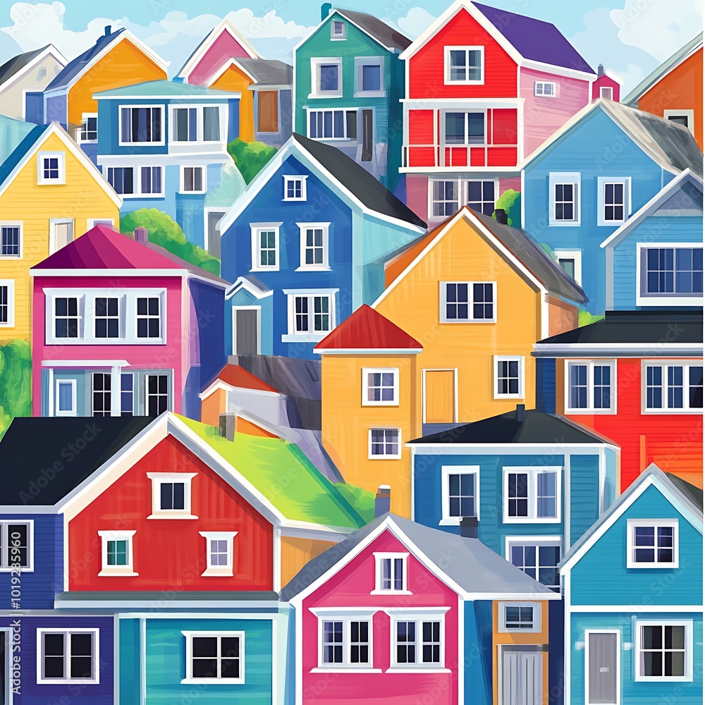 A vibrant collage of colorful houses clustered together in a cheerful neighborhood setting. A vibrant collage of colorful houses clustered together in a cheerful neighborhood setting.