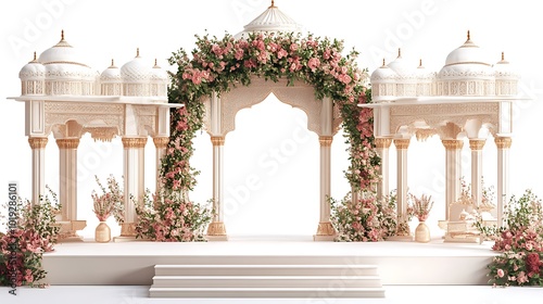 Ornate Mughal Garden with Terraced Lawns, Marble Fountains, and Beautifully Designed Flowerbeds Surrounded by Traditional Mughal Architecture
