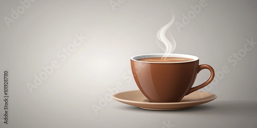 Brown coffee cup with white steam rising, placed on a minimalist flat surface, surrounded by empty space, in a modern and simplified icon style.