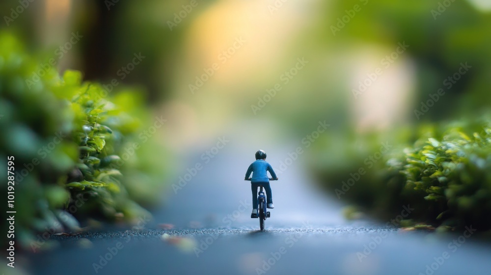 Obraz premium Miniature small bicycle toy on the ground, natural lighting creates soft living colors, a concept for healthy living with exercise and reducing calories