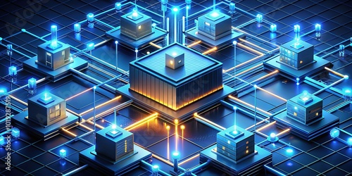 Centralized data hub illustration in isometric perspective, showcasing interconnected nodes, circuits, and glowing lines, symbolizing efficient data flow and network infrastructure. photo