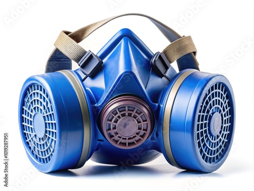 Close-up of a blue respirator mask with filters and straps, isolated on a white background, highlighting safety and protection from airborne contaminants. photo