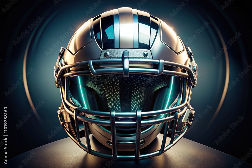Close-up of a futuristic football helmet with sleek metallic finish, bold stripes, and dynamic graphics, showcasing innovative sports equipment design and technology.
