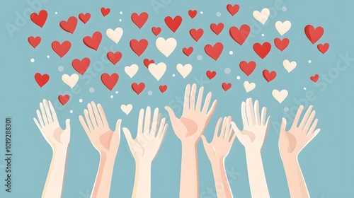 open hands with hearts floating above