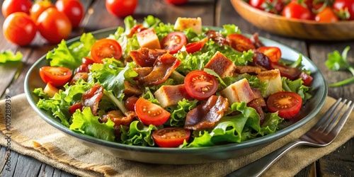 A Fresh and Flavorful Salad with Crispy Bacon, Juicy Tomatoes, and Green Lettuce, Ready to be Enjoyed