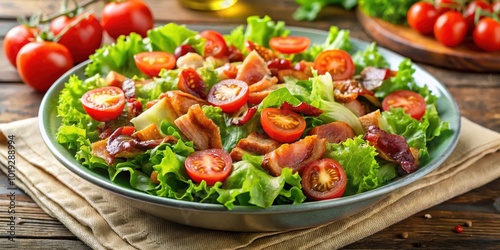 A fresh and delicious salad with crispy bacon and juicy cherry tomatoes, served in a green bowl on a rustic wooden table.