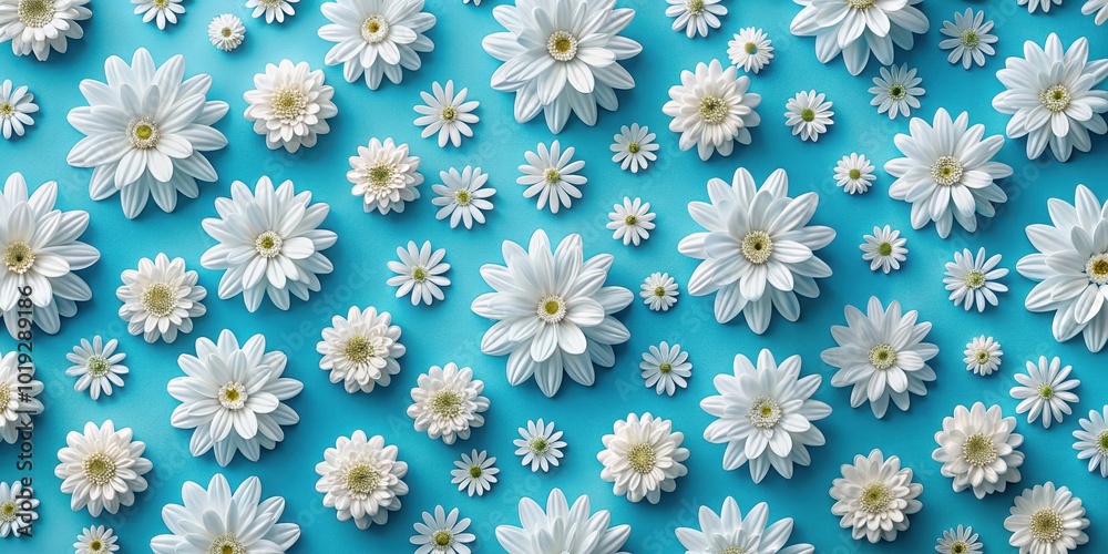 A vibrant blue backdrop adorned with a captivating arrangement of delicate white daisies, showcasing a mesmerizing symphony of floral patterns. A vibrant blue backdrop adorned with a captivating arrangement of delicate white daisies, showcasing a mesmerizing symphony of floral patterns.