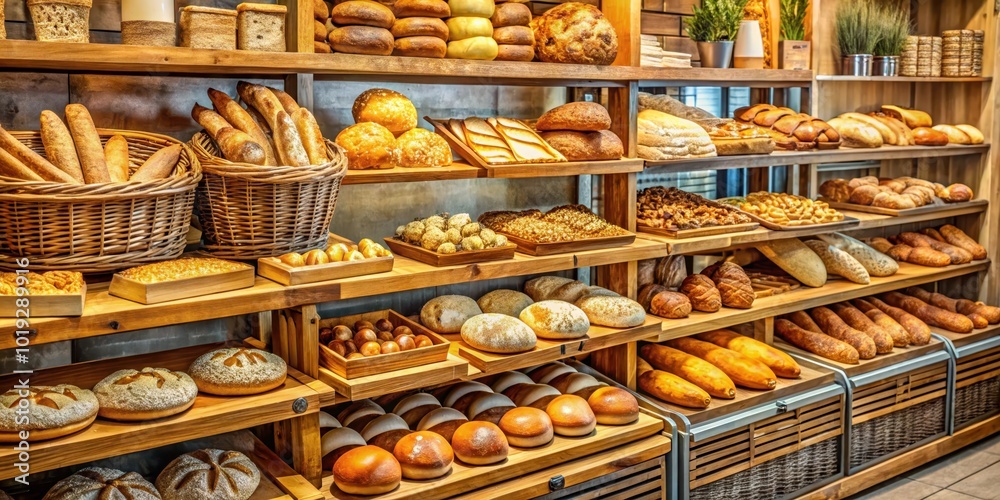 A rustic wooden display case showcasing a delicious assortment of freshly baked bread, from crusty baguettes to fluffy rolls, all arranged with care on shelves and in baskets. A rustic wooden display case showcasing a delicious assortment of freshly baked bread, from crusty baguettes to fluffy rolls, all arranged with care on shelves and in baskets.