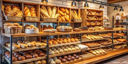 A well-stocked bakery display showcasing a variety of freshly baked breads, rolls, and pastries, all arranged on wooden shelves with warm lighting