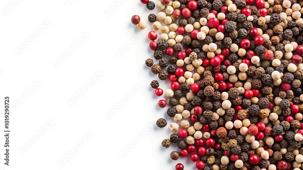 Aerial view of black, pink and white peppercorns on white background Aerial view of black, pink and white peppercorns on white background