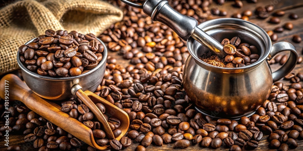 A Rustic Still Life Featuring Coffee Beans, a Traditional Coffee Pot, and a Wooden Scoop A Rustic Still Life Featuring Coffee Beans, a Traditional Coffee Pot, and a Wooden Scoop