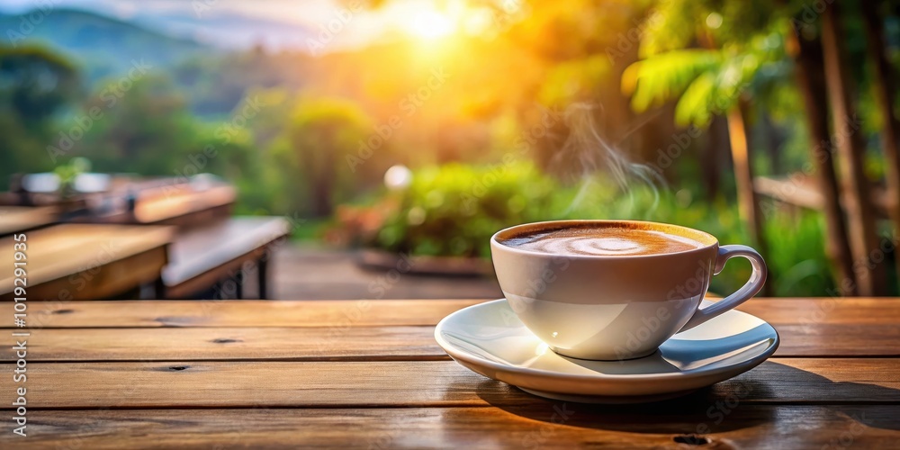 A steaming cup of coffee sits on a wooden table with a blurred background of lush greenery and warm sunlight. A steaming cup of coffee sits on a wooden table with a blurred background of lush greenery and warm sunlight.