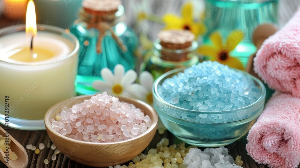 Relaxing Spa Essentials with Candles and Bath Salts Relaxing Spa Essentials with Candles and Bath Salts