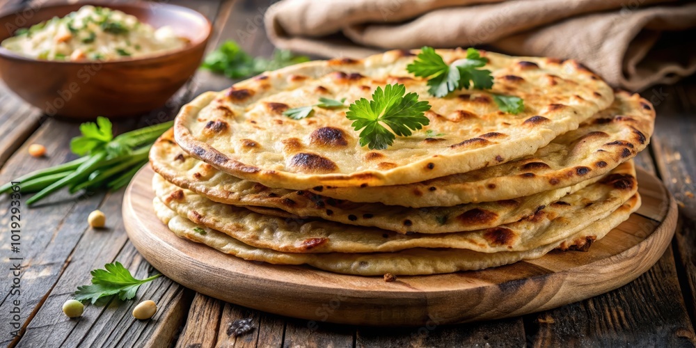 A stack of freshly baked flatbreads with parsley garnish on a wooden board, ready to be served with a side dish.