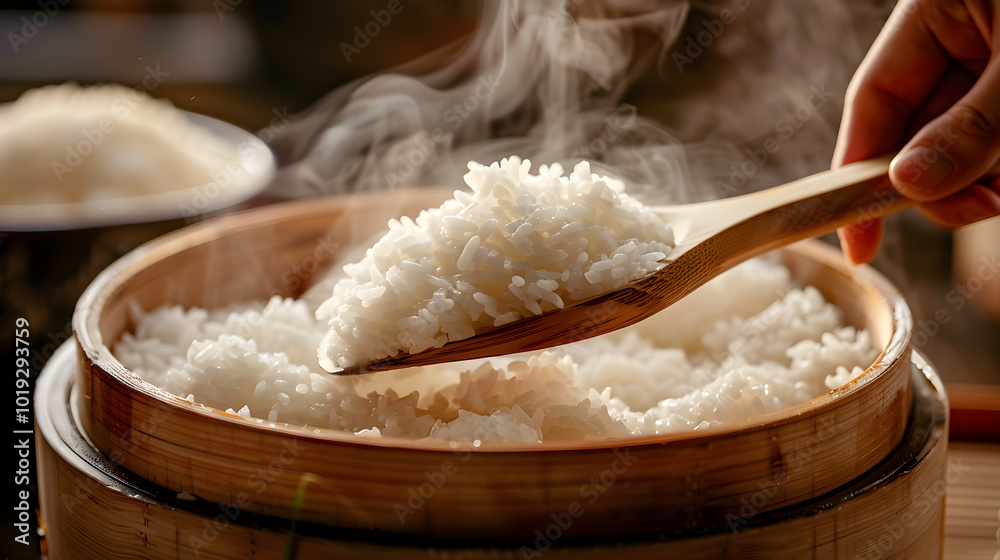 Steaming Rice in Traditional Cooker, bowl of rice Steaming Rice in Traditional Cooker, bowl of rice